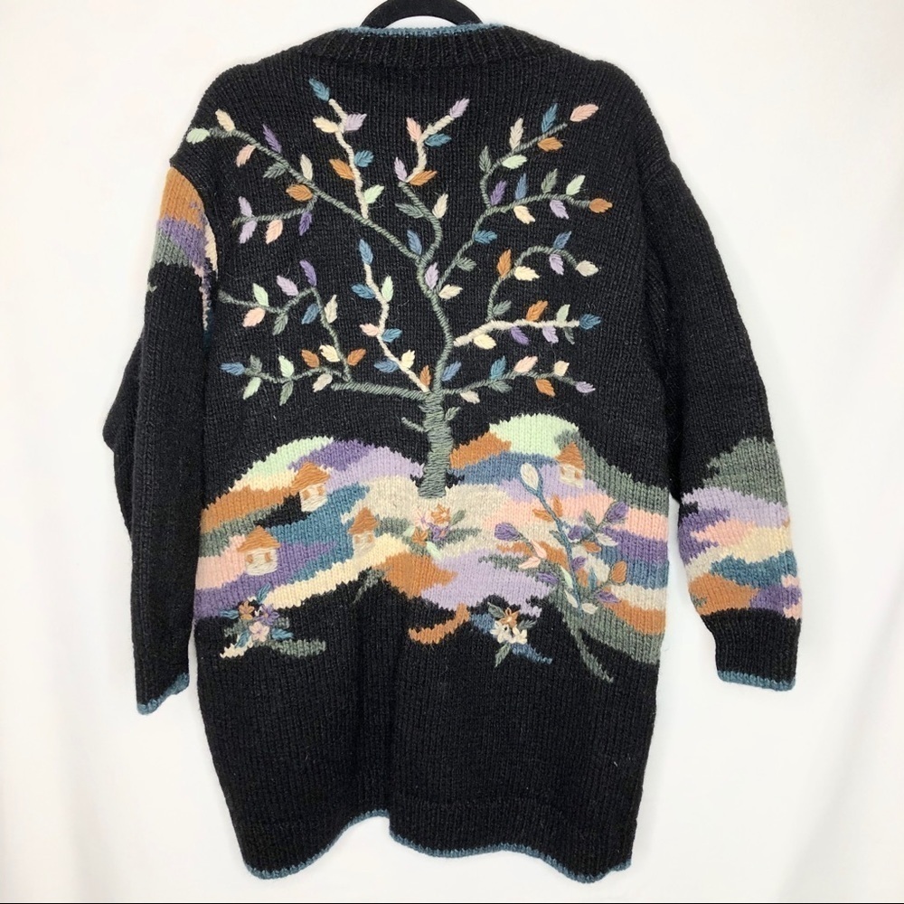 Hand Knit Button Front Cardigan Coat Tree Flowers